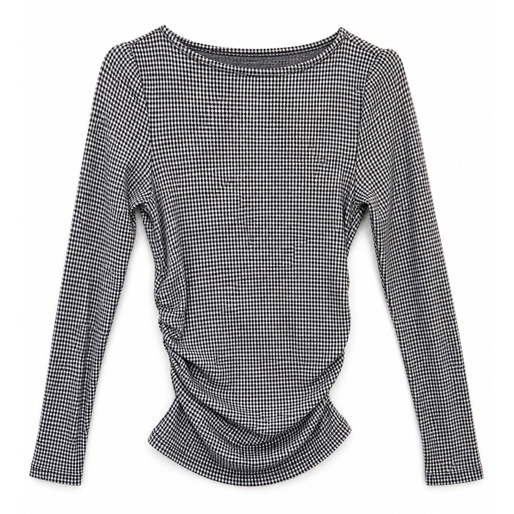 Madewell Women's Small Black White Gingham Long Sleeve Ruched Top Stretch Fitted